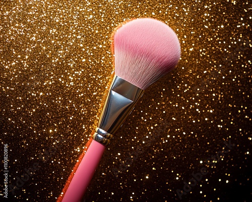 A pink makeup brush with a silver ferrule against a background of soft glittering gold particles photo