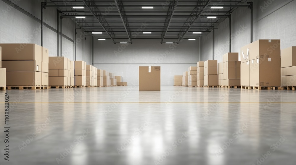Wide-angle perspective of systematically arranged warehouse aisles highlighting efficiency and organization in storage facilities Wide-angle perspective of systematically arranged warehouse aisles highlighting efficiency and organization in storage facilities