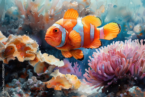 tropical fish in a healthy coral system in watercolors,.      photo