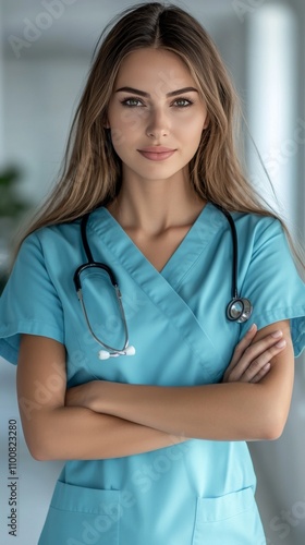 Professional Poise: Nurse in Light Blue Uniform, Full Body Front View with Crossed Arms