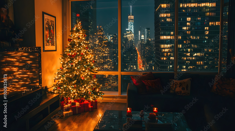 Obraz premium cozy city apartment decorated for holidays, featuring beautifully lit Christmas tree, presents, and stunning view of city skyline at night