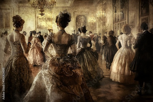 Vintage Halloween Costume Ball in Ornate Victorian Ballroom with Dramatic Lighting