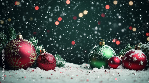 abstract snowy christmas theme dark background with glittering small particles, christmas attributes, red and green elements