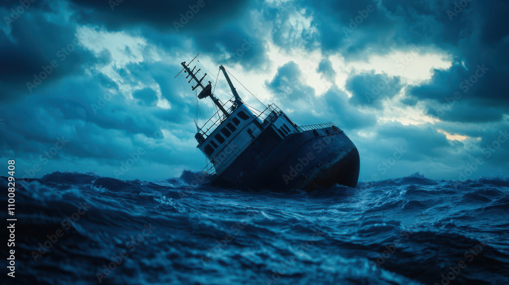 Fototapeta premium Stranded ship in turbulent sea under dark stormy clouds evokes anxiety