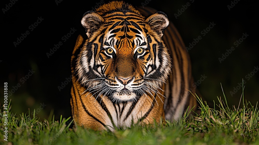 Obraz premium Majestic Tiger in Night Grass Wildlife Photography