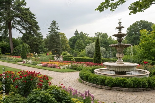 A beautiful and elegant garden scene with vibrant flowers lush greenery and a picturesque fountain, vibrant flowers, fountain, garden scene