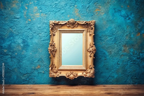 Vintage Style Photography of a Blank Picture Frame Mockup on a Blue Wall, Perfect for Home Decor or Art Display, Capturing Nostalgic Aesthetics and Creative Inspiration photo