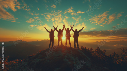 group of people standing on mountain summit, arms wide open, embracing the sky and sunlight, joyous celebration