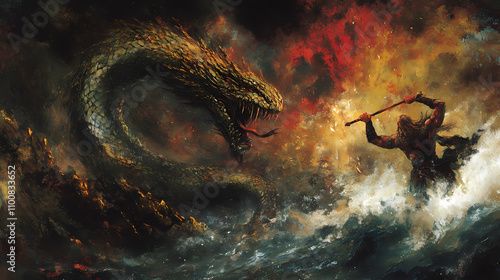 The norse god thor battling the midgard serpent at ragnarock, mythology. Mythology. Illustration photo