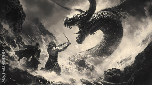 The norse god thor battling the midgard serpent at ragnarock, mythology. Mythology. Illustration