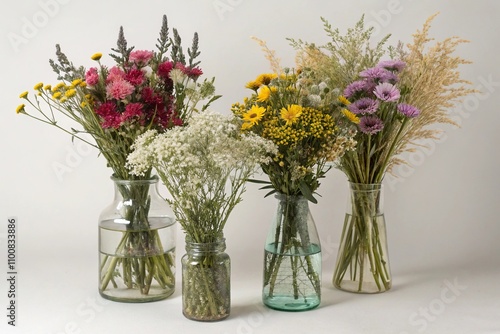 Wallpaper Mural A collection of four glass vases containing an assortment of wildflowers in different colors and textures, gardening supplies, glass containers, vase fillings Torontodigital.ca