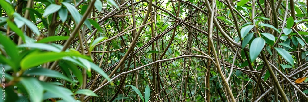 Obraz premium A complex network of twigs and leaves creates a natural, abstract disguise in the jungle environment, perfect for hiding from view, green camouflage, camouflage art