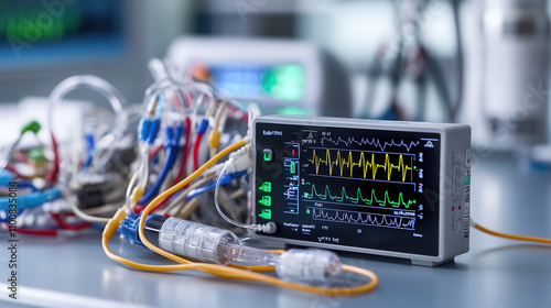 close up of medical ECG device displaying heart rate and vital signs, surrounded by cables and sensors, showcasing advanced healthcare technology