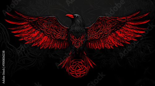 Intricate celtic norse knotwork raven with open wings, black and red duo tone, set against a dark and mysterious background. Mythology. Illustration photo