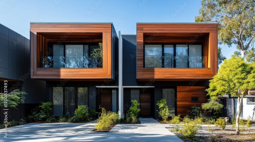 Fototapeta premium Modern duplex with wood siding and large windows. Ideal for real estate, architecture, and home design projects.