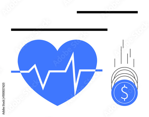 Blue heart with ECG line represents healthcare intersected by horizontal lines. Money coins dropping vertically beside. Ideal for medical costs, insurance, health finance, budgeting, investment
