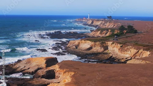 Sea Lion Rocks Cove Point Arena Lighthouse Racas California aerial drone Stornetta coastal Trail Mendocino coast vista point sunny daytime morning afternoon blue sky waves nature autumn static shot photo