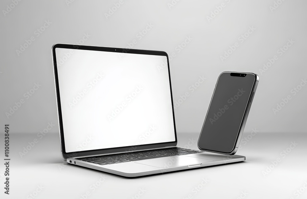 High-Tech Silver Laptop and Smartphone on White Background, Realistic Digital Device Mockup High-Tech Silver Laptop and Smartphone on White Background, Realistic Digital Device Mockup