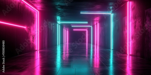 Futuristic Neon Light Room Cyberpunk Background Reflective Abstract Design Space