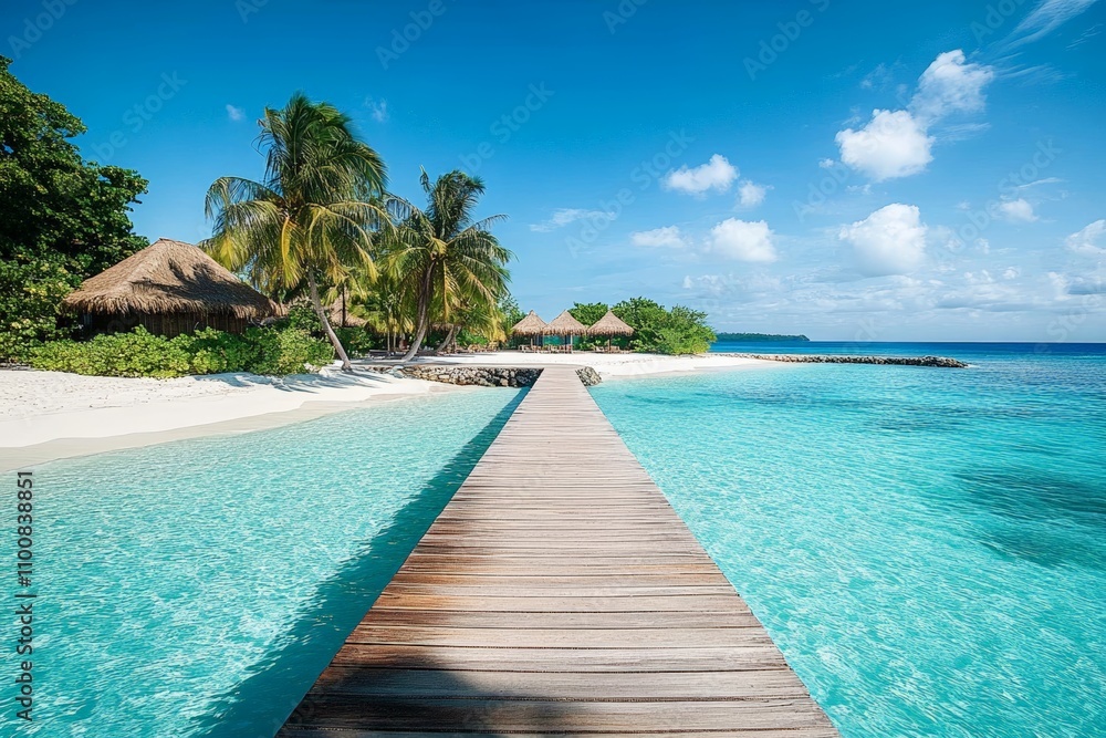 Tropical Pier Extending into Turquoise Waters, Palm Trees, and White Sandy Beach