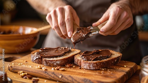 Person spreading chocolate spread on bread. Delicious chocolate spread on toasted bread for a sweet treat.