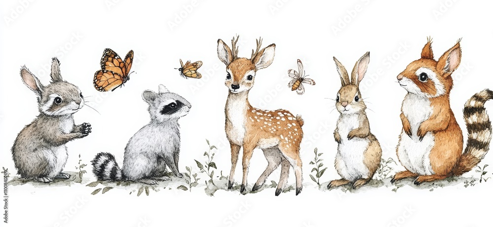 Obraz premium Watercolor Illustration of Deer Squirrel Raccoon Rabbit Butterfly Bee Bird in Whimsical Forest
