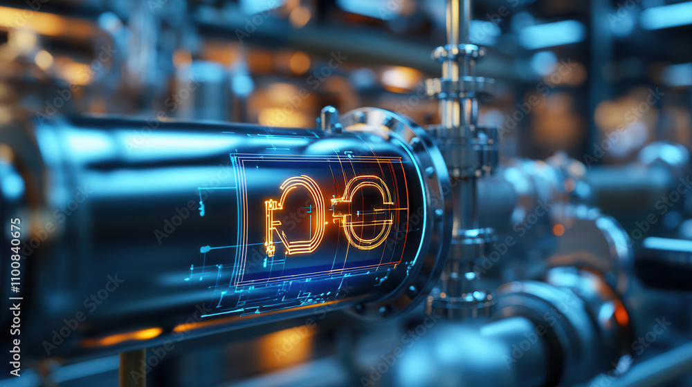Fototapeta premium Photorealistic composition of chemical process featuring metallic pipe with glowing digital interface. intricate details highlight modern technology in industrial settings