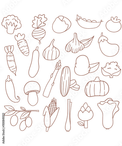 Full fruit and vegetable set. Contains iconic asparagus, cucumber, carrot, wasabi, radish, corn, eggplant, tomato and more.