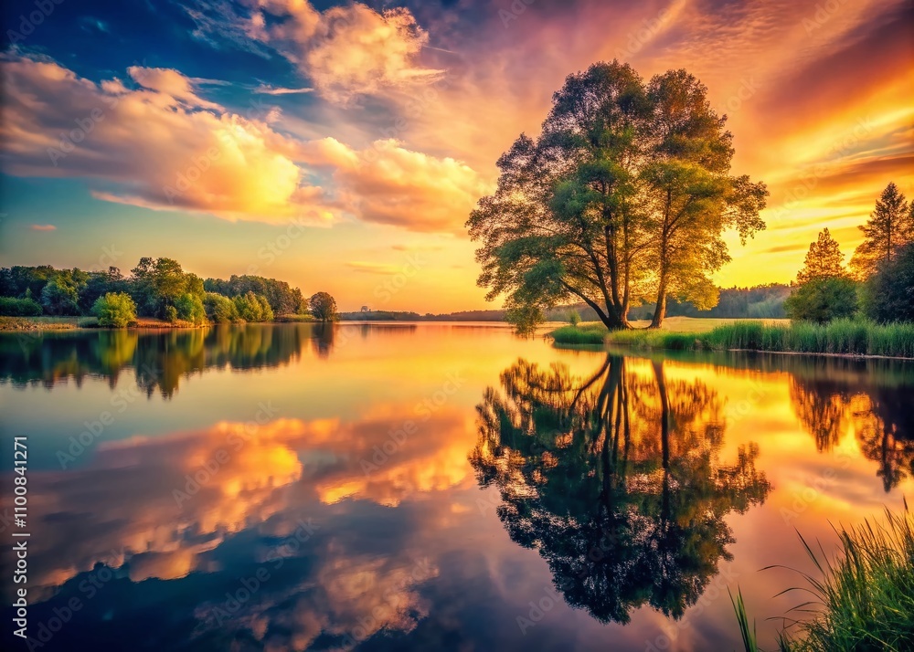 Obraz premium Vintage Style Twilight Serenity by the Lakeside with Reflections of Trees and Gentle Breeze Captured in Soft Hues and Delicate Lighting, Evoking Peaceful Nature Moments
