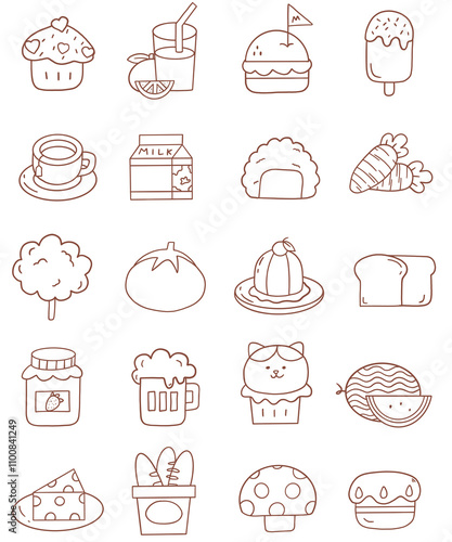 Full set of everyday food and drinks. Contains iconic hamberger, watermelon, rice, chicken, eggplant, udon, sushi, milk, chili and more.