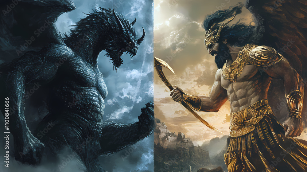 Fototapeta premium Greek mythology monsters vs gods, ai generative. Mythology. Illustration