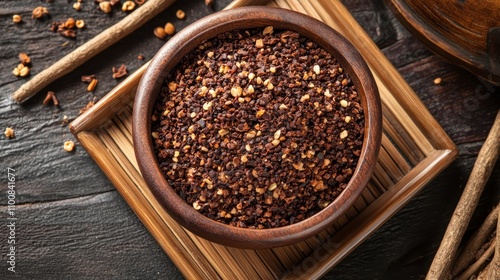 Top view of a wooden bowl filled with dark brown, coarsely ground spices on a wooden tray. photo