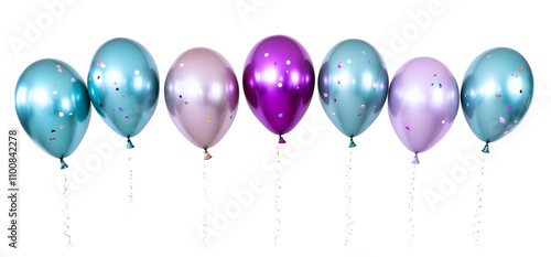 metallic blue and purple balloons with confetti , isolated on white or transparent background