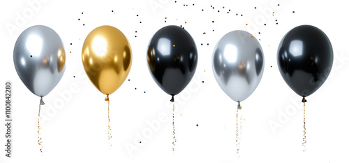 metallic silver black gold balloons with confetti , isolated on white or transparent background