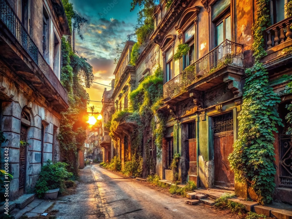 Fototapeta premium Vintage Urban Exploration: Captivating Scenes of Abandoned City Streets Surrounded by Nature's Embrace and Time's Passage