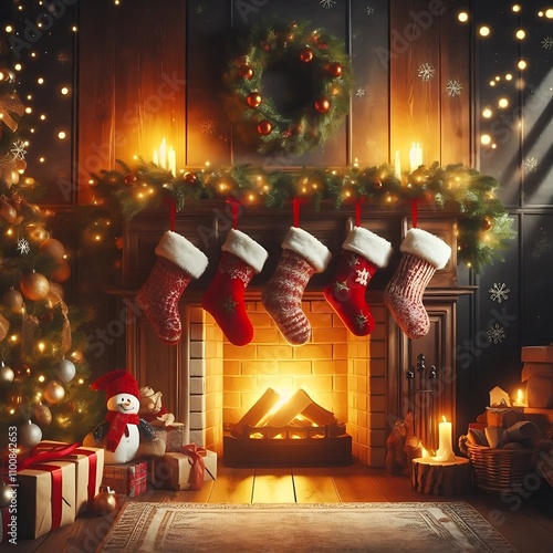 A cozy Christmas fireplace scene with stockings hanging, a crackling fire, and a blank wooden mantle perfect for adding a holiday message photo