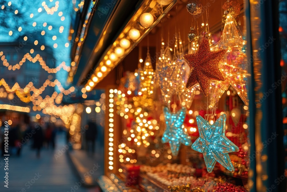 Obraz premium A close-up of colorful star-shaped ornaments hanging from a stall at a bustling Christmas market.