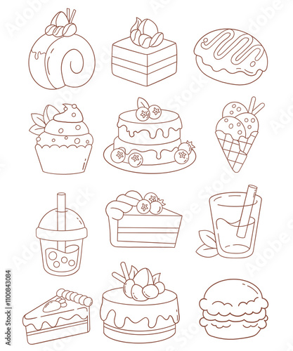 Full set of desserts. Contains icons of ice cream, iced coffee, cake, iced tea, roll cake, hamberger, tarts and more. photo