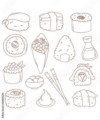 Japanese food icon set. Contains icons of sushi, onigiri, sushi roll, wasabi, soy sauce, and more.