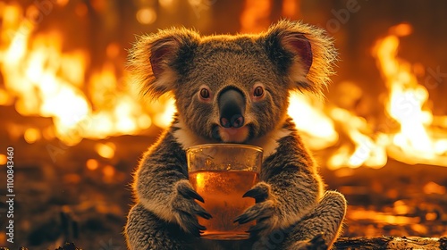 A koala in distress during a fire symbolizes the devastating impact of climate change on wildlife. photo