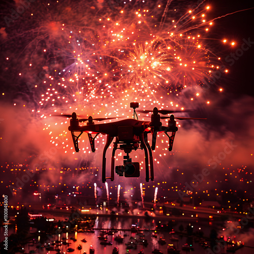 highdefinition shot of a drone capturing aerial views of a 4th of july fireworks display, with ample copy space with white shades, text area, png photo