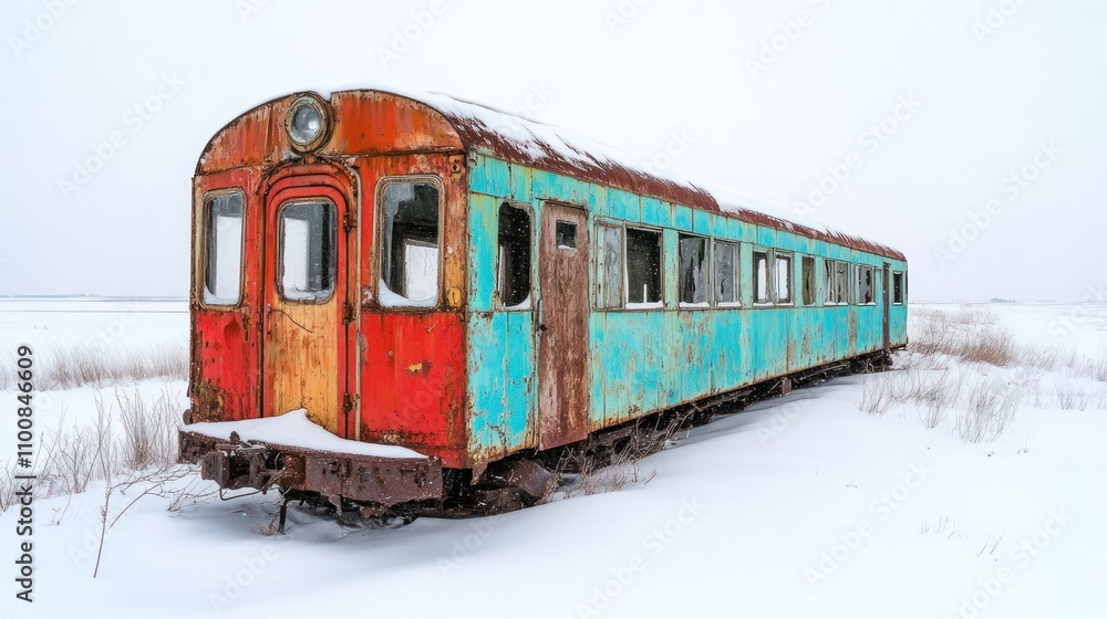 Obraz premium An abandoned, rusted train car covered in snow in a desolate landscape.