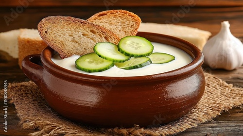 Creamy Yogurt Soup with Cucumber and Bread photo