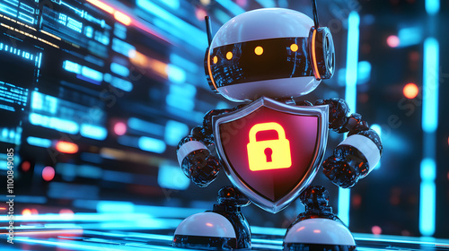 Robot Guardian Protecting Data with Shield and Lock.