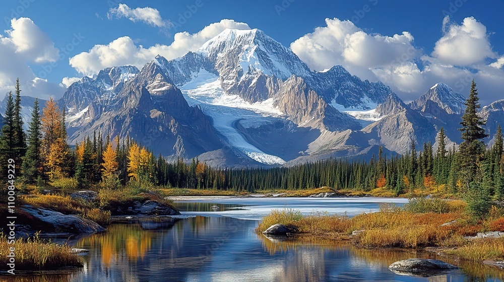 A majestic mountain peak and an expansive glacier tower above the surrounding landscape, showcasing nature's breathtaking beauty and power. A majestic mountain peak and an expansive glacier tower above the surrounding landscape, showcasing nature's breathtaking beauty and power.