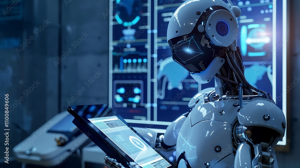 Futuristic robot analyzes data on a tablet in a high-tech environment. Futuristic robot analyzes data on a tablet in a high-tech environment.