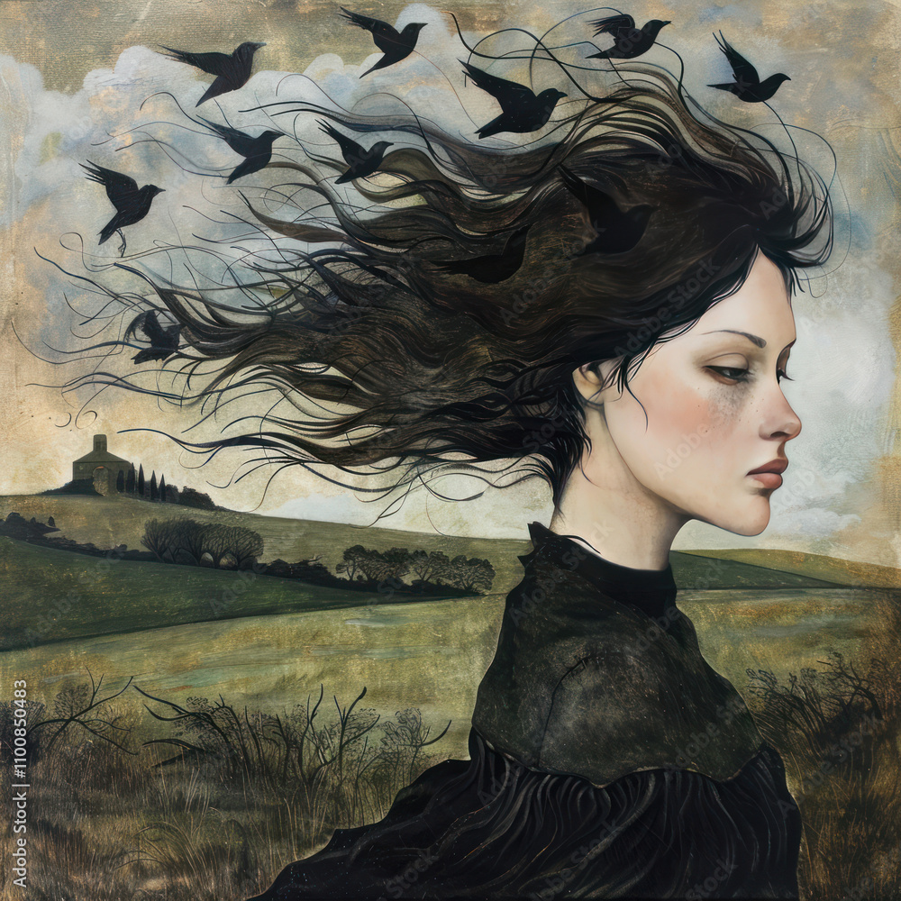 Fototapeta premium portrait of a woman in profile against a landscape background. The woman's hair flutters and smoothly turns into a flock of ravens,. 