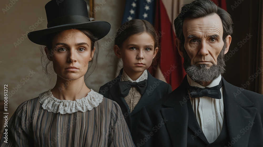Fototapeta premium Family Portrait Recreation � Historical reenactment of a portrait with Lincoln�s family, Lincoln's Birthday,