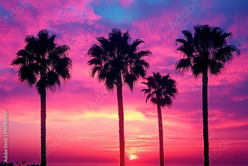 Silhouettes of palm trees against a vibrant pink and orange sunset sky.