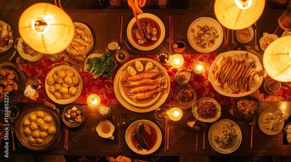Fototapeta premium A festive dining table filled with various dishes, candles, and warm lighting for celebration.